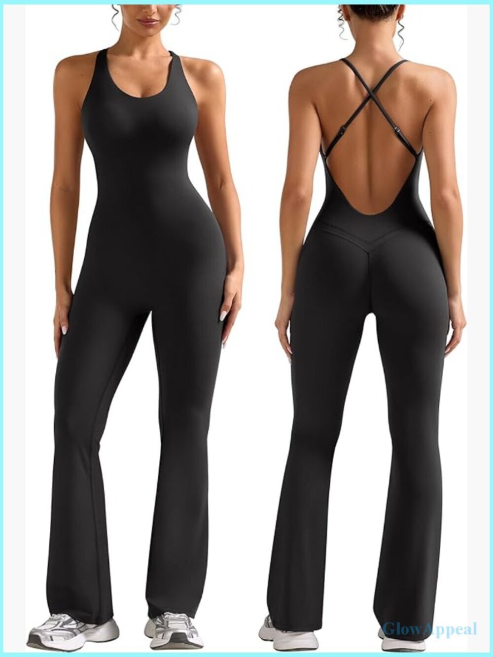 Flare Workout Jumpsuit Scoop Neck Strappy Backless Tummy Control Yoga Romper